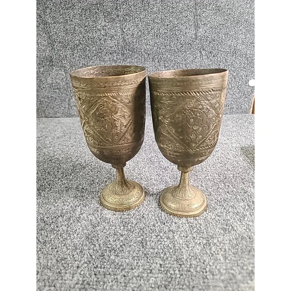 Vintage Set Of 2 Rare Handetched Brass Goblets Chalise Removable Stems His & Her